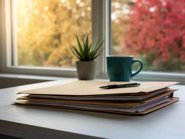 A neat stack of closed manila folders and a pen on a desk by a window.