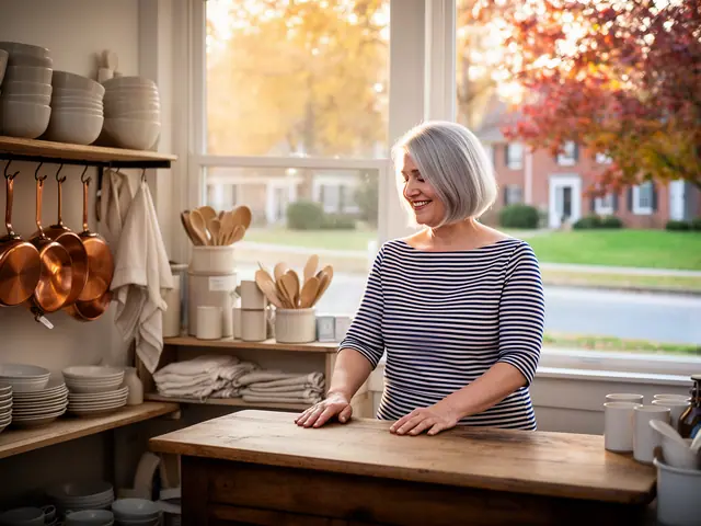 A shop owner behind the counter of a small kitchenware shop.